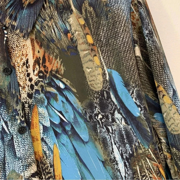 Avenue Blouse‎ Woman 18/20 Button Up Colorful Tropical Feathers Tunic Roll Tab - Picture 9 of 15